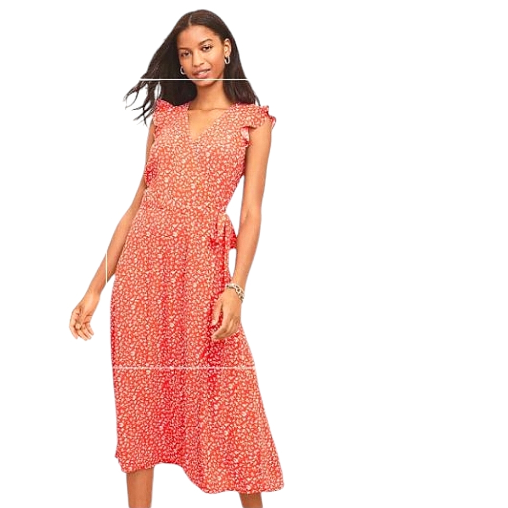 Loft Orange Ruffled Wrap Ditsy Print Midi Dress